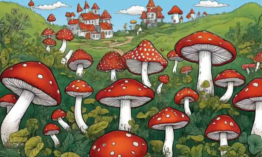 Una representación caprichosa de hongos como personajes en diversos contextos literarios y culturales.