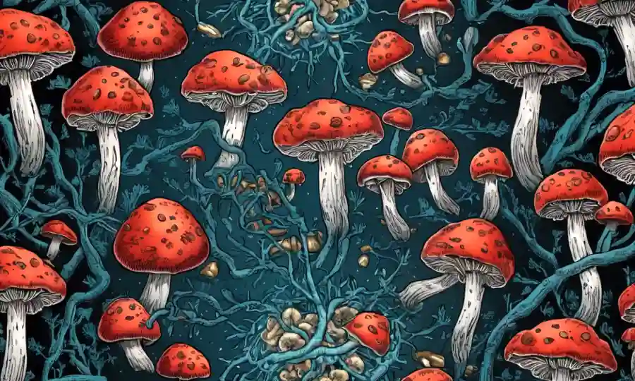 Una red de neuronas cerebrales rodeada de hongos