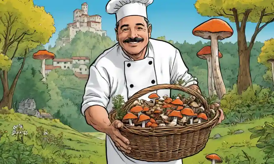 Cocina italiana con una canasta de setas silvestres en un entorno al aire libre.