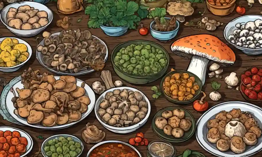 Diversos tipos de hongos utilizados en platos tradicionales de diferentes países dispuestos en una mesa de cocina.