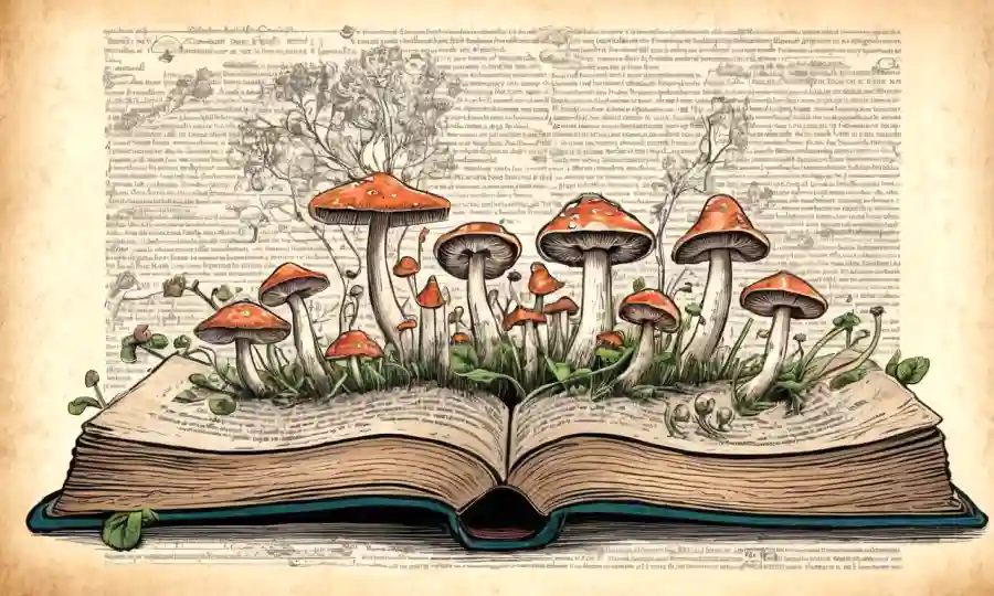 Una ilustración caprichosa de hongos brotando de palabras en una página de libro.