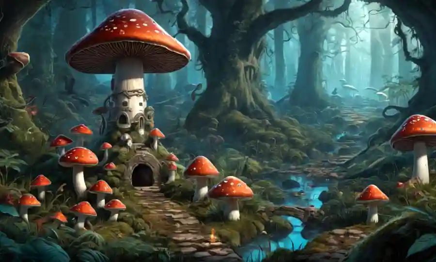 Una escena de bosque místico con hongos rodeados de símbolos y rituales antiguos.