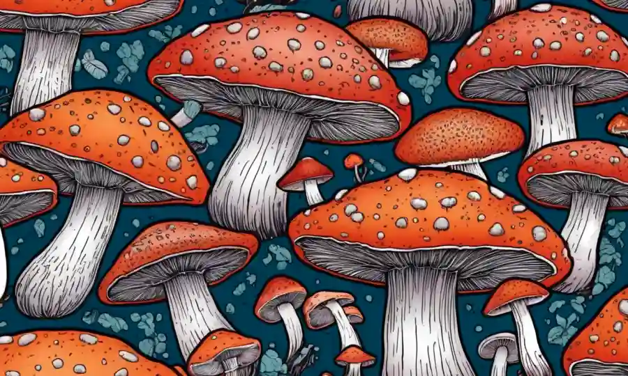 Ilustración médica de hongos que rodean células cancerosas o tejido inflamatorio para efectos terapéuticos.
