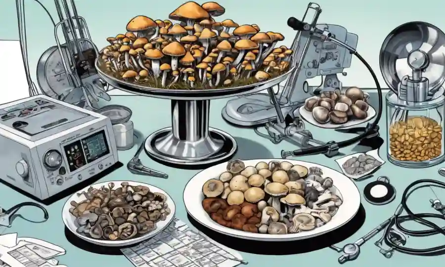 Un plato de hongos variados junto con el equipo médico y los diagramas.