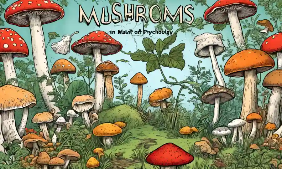 Título para un libro sobre la historia de los hongos en psicología, con ilustraciones de diversos hongos.