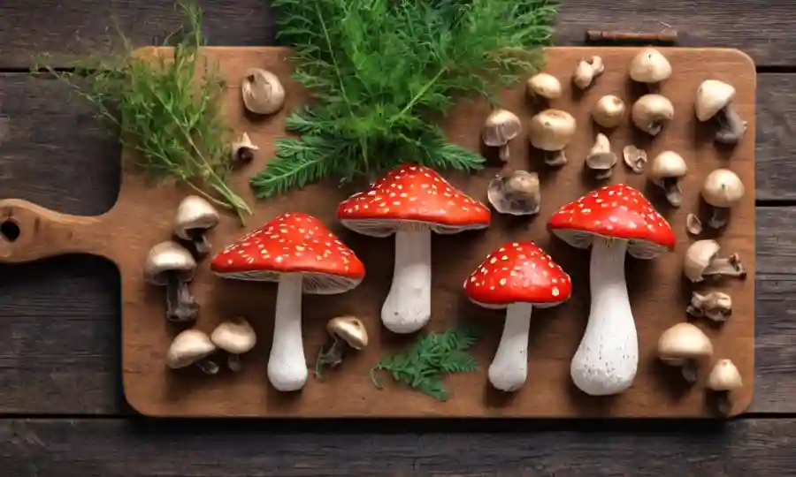 Setas (museos) dispuestas en una tabla de madera con vegetación
