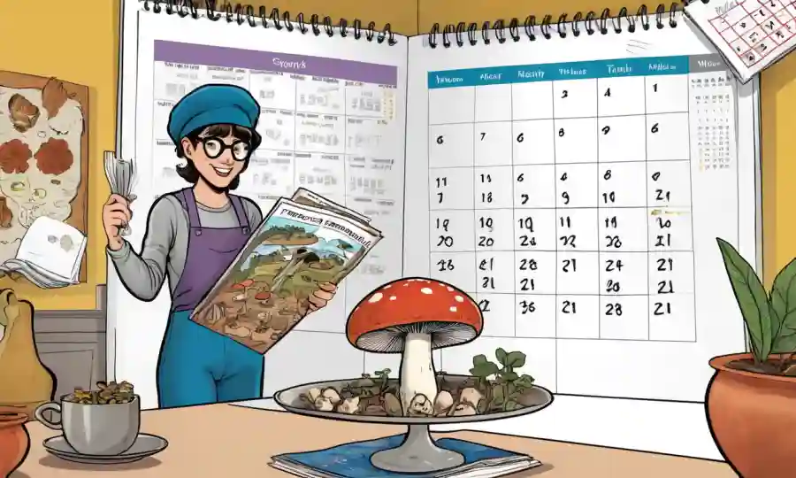 Una persona que sostiene un hongo con un calendario y recetas en el fondo.