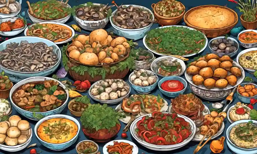 Un colorido arreglo de hongos rodeado de diversas cocinas y platos globales.