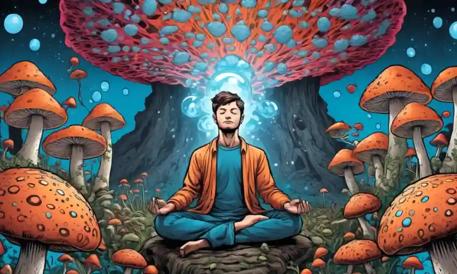 Una persona meditando rodeada de setas psicodélicas con burbujas de pensamiento que representan percepciones alteradas.