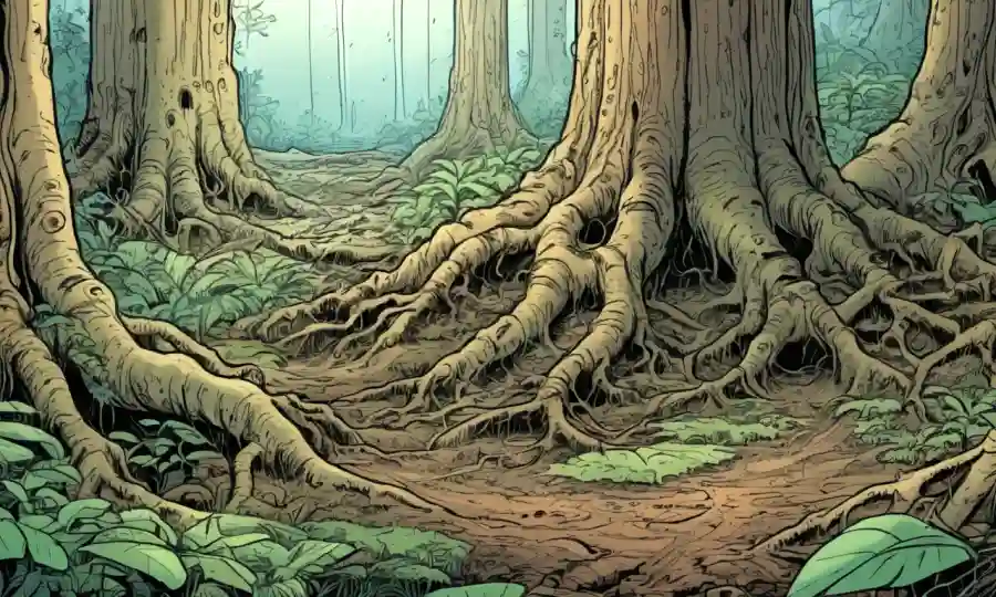 Cierre de hongos que conectan las raíces de los árboles en un exuberante ecosistema forestal.