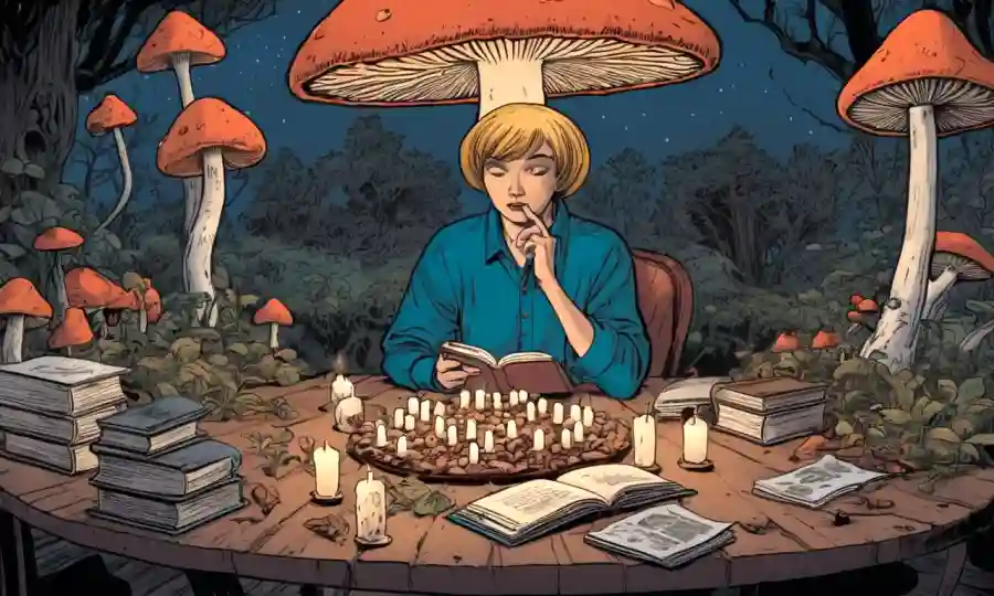 Una persona rodeada de hongos, pensando introspectivamente en una mesa con velas y libros.