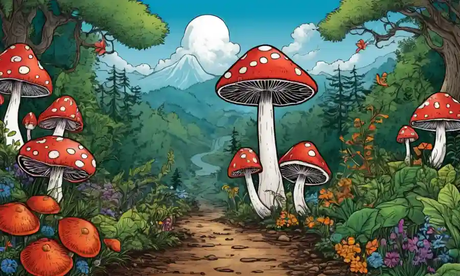 Imagen de hongos creciendo entre símbolos de naturaleza que representan el crecimiento personal.