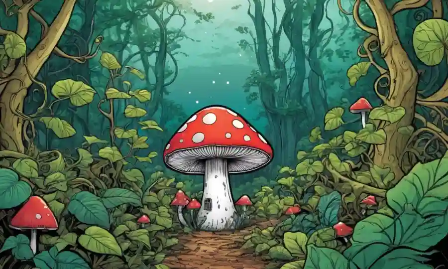 Un hongo creciendo en medio de vides, rodeado de calmantes elementos naturales y conceptos de bienestar mental.