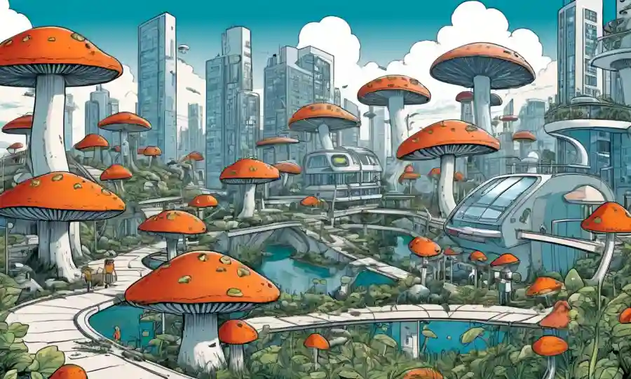 Un futurista paisaje urbano con hongos integrados en infraestructura de salud, representando impactos positivos en el bienestar mental.