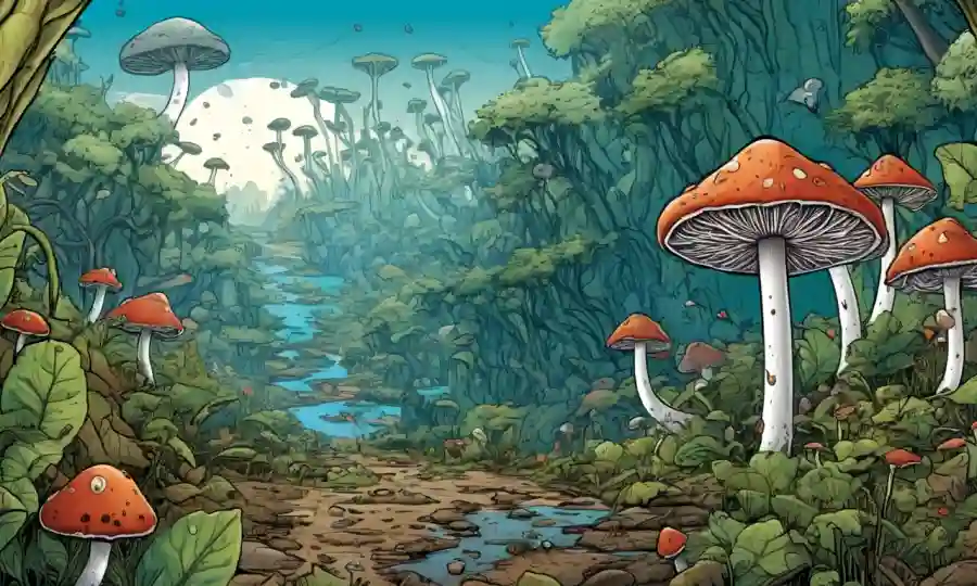 Fungi creciendo en medio de un escenario de elementos ecológicos y visualizaciones de datos.