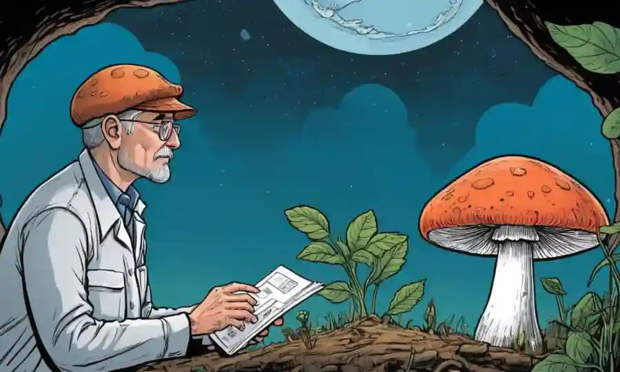 Un hongo crece junto a un conservacionista o científico mirando los datos sobre el cambio climático.