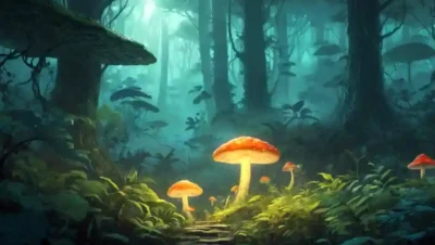 Un hongo resplandeciente rodeado de vegetación exuberante y atmósfera de bosque de miseria.