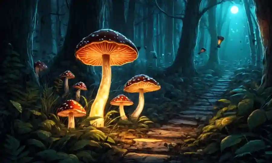 Setas brillantes iluminadas en una escena forestal con título de marca de interrogación.