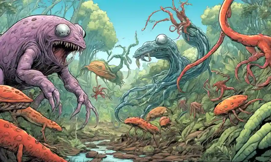 Vista microscópica de criaturas simbióticas que interactúan con sus anfitriones en entornos naturales.