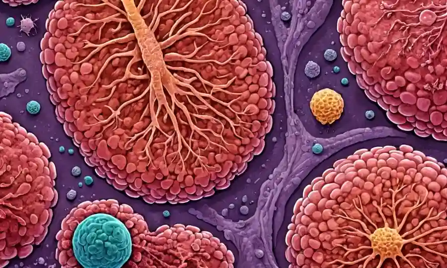 Una imagen microscópica de microorganismos intestinales coexistiendo con el tejido anfitriono.