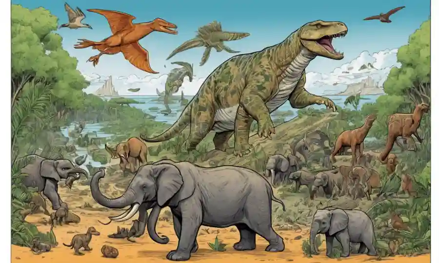 Ilustraciones de especies antiguas evolucionando a través de una línea temporal