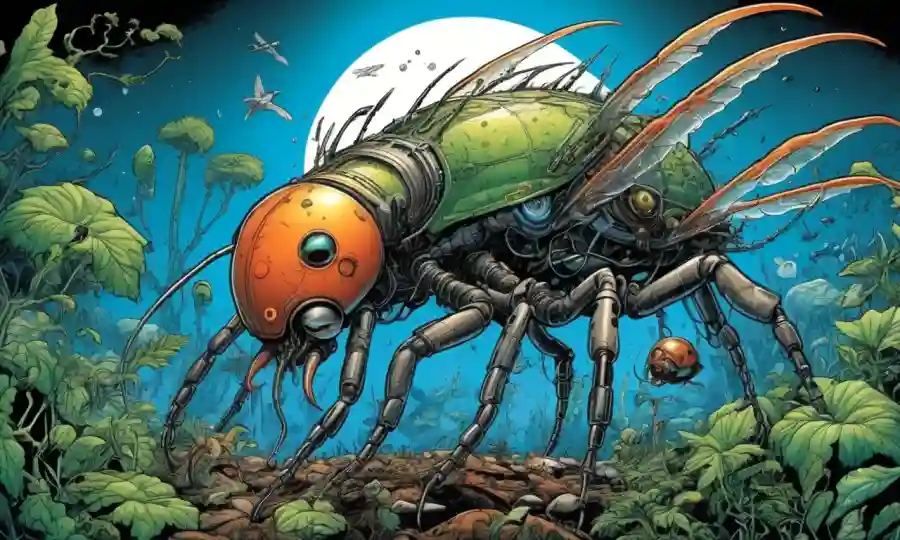 Ilustraciones de relaciones simbióticas entre especies en naturaleza y tecnología con símbolos científicos.