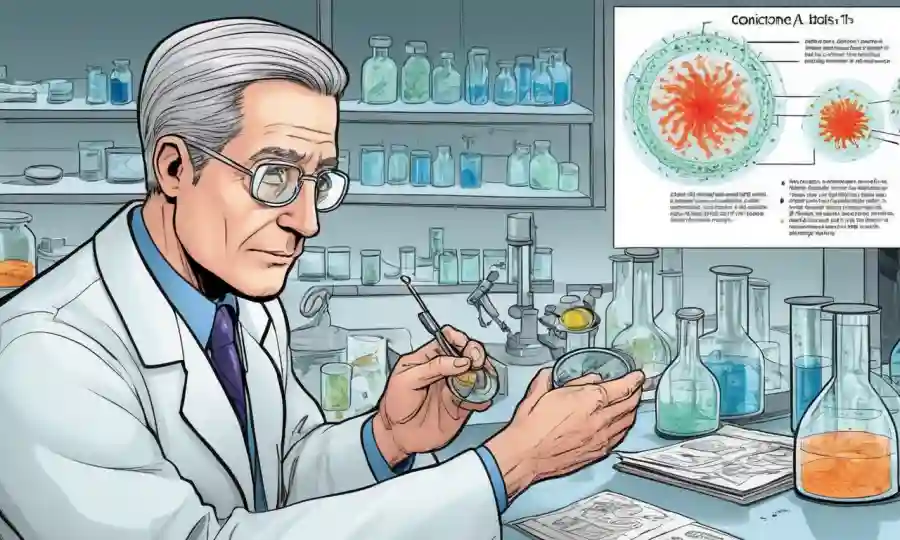 Científico examinando microorganismos en un plato Petri de laboratorio, con diagramas y notas sobre el concepto de simbiosis.