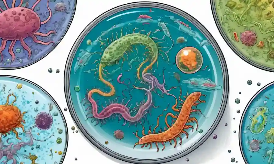 Los microorganismos interactúan en un plato petri junto con ilustraciones de procesos evolutivos.