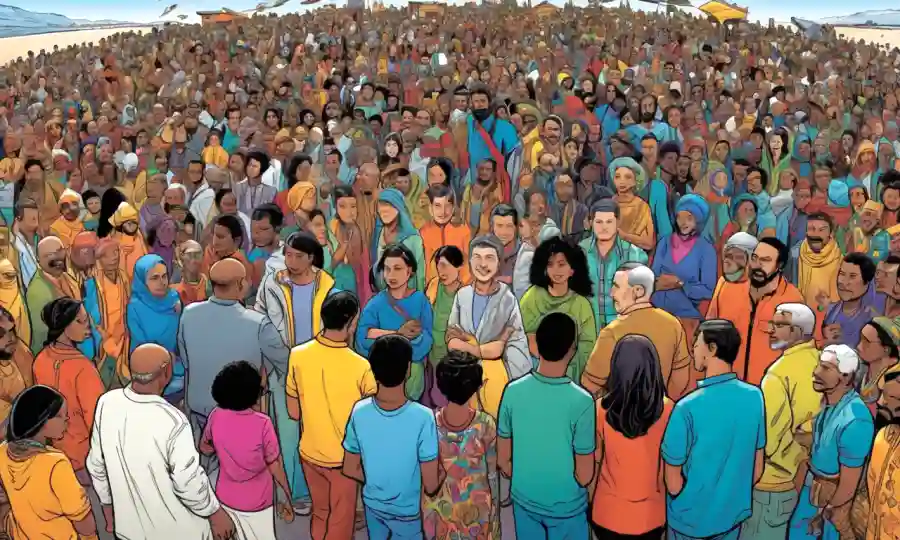 Un grupo diverso de personas de diferentes culturas se reunieron en una plaza vibrante, simbolizando el impacto de la migración en la simbiosis cultural.
