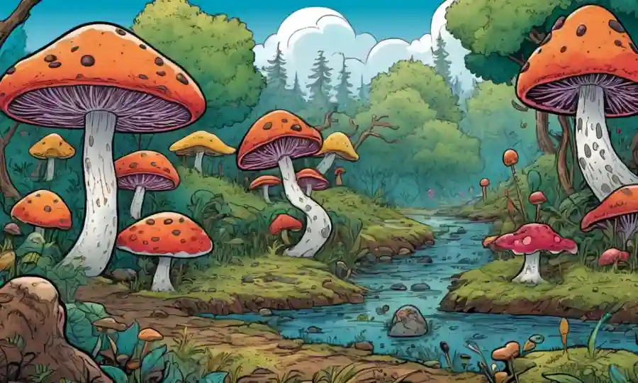 Ilustración colorida de hongos y microbios interactuando en un ambiente natural.