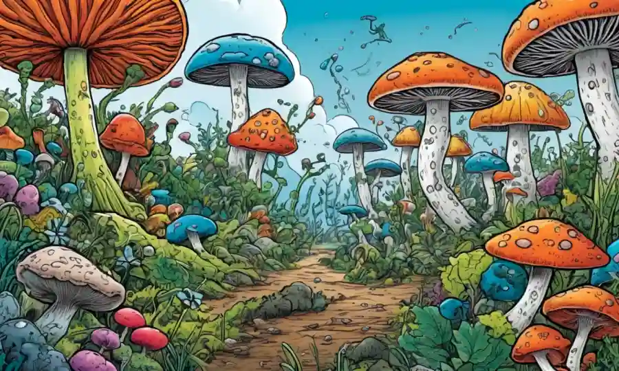 Microorganismos y hongos interactuando en armonía dentro de un ecosistema natural vibrante.