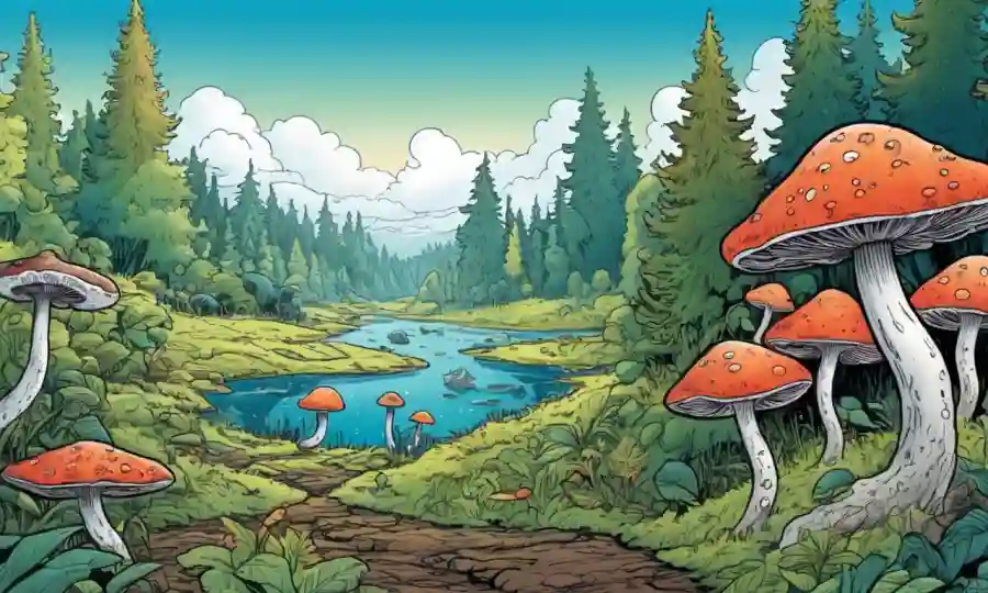 Ilustración de hongos y microorganismos entrelazados en entornos naturales.