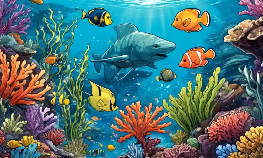 Diversas plantas acuáticas y animales coexisten en armonía entre arrecifes de coral.