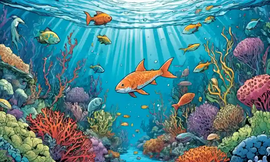 Imagen ilustrativa de las formas de vida acuática que interactúan en armonía.