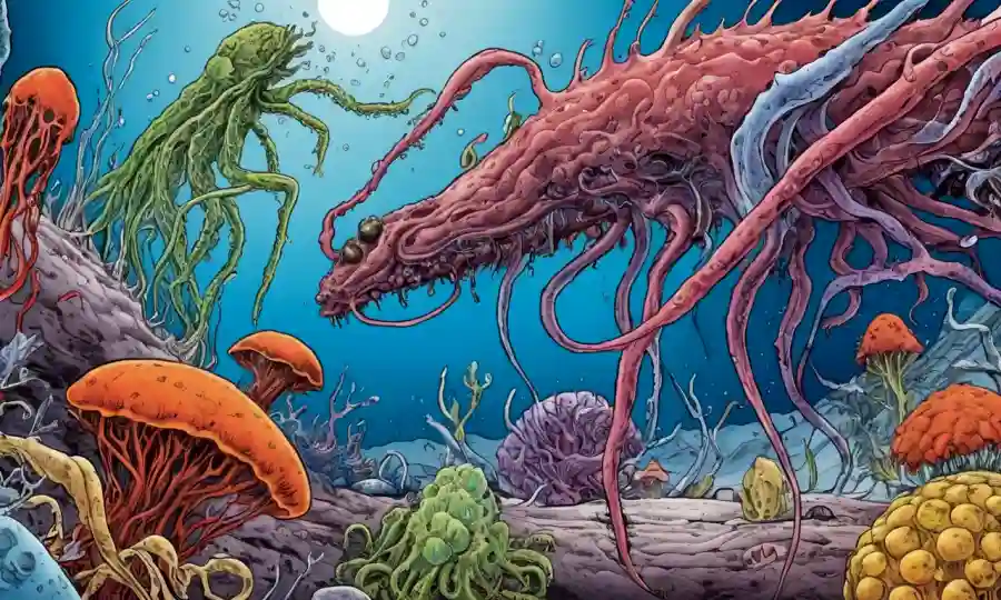 Un micrografo que muestra varios organismos simbióticos que prosperan en ambientes extremos.