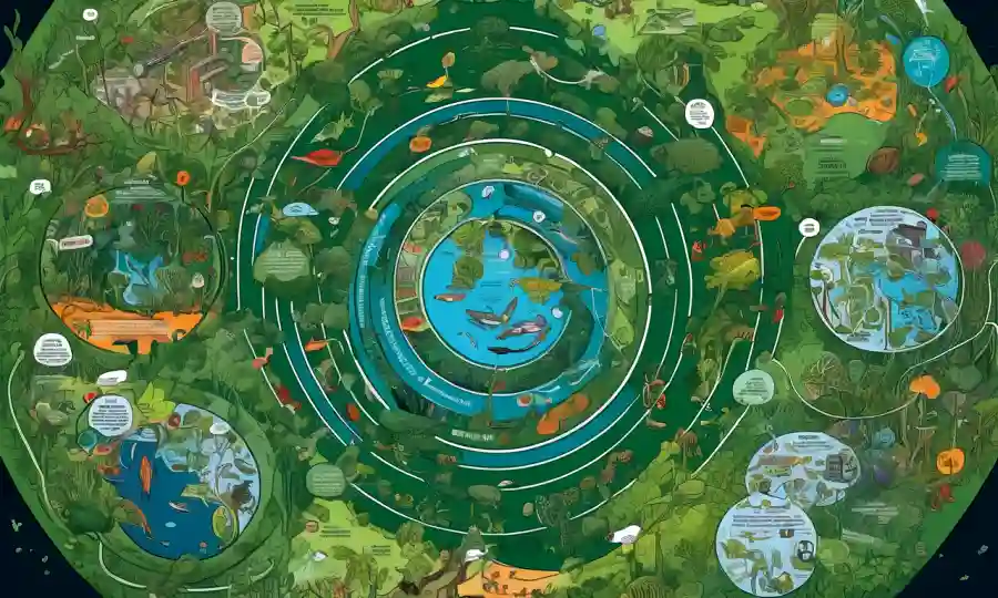 Ilustración de caminos biológicos interconectados dentro de un sistema de economía circular.