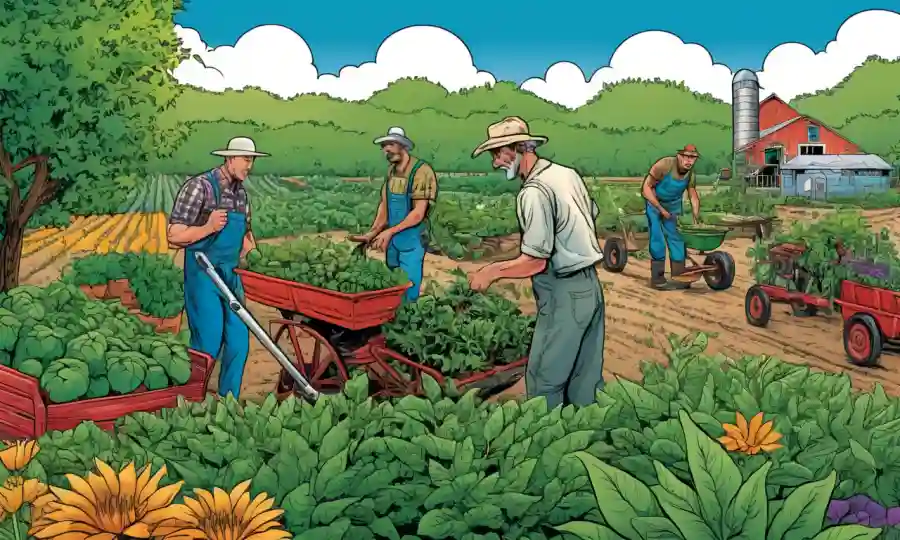 Los agricultores que trabajan junto a diversas plantas que se benefician mutuamente en armonía.
