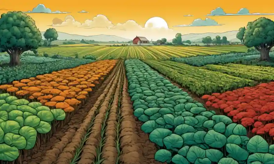 Campos agrícolas que prosperan junto con microorganismos en simbiosis, mostrando crecimiento de plantas beneficiosas.