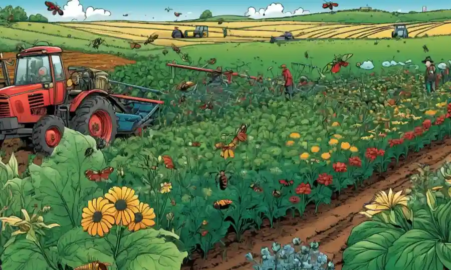 Campos de cultivo con plantas diversas creciendo juntas
