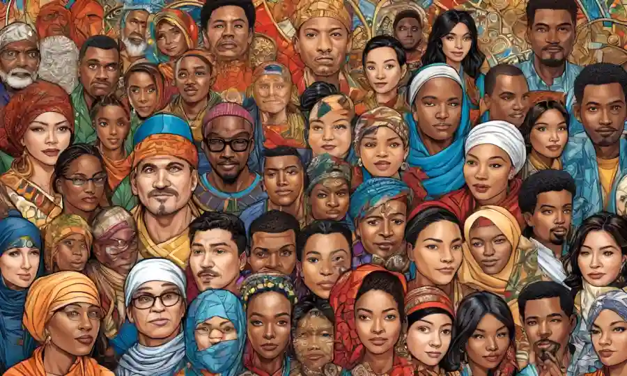 Mosaico de rostros diversos y símbolos culturales entrelazados en una representación artística.
