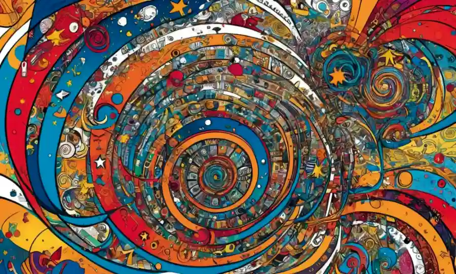 Palabras y símbolos interconectados girando juntos en un diseño vibrante y abstracto.