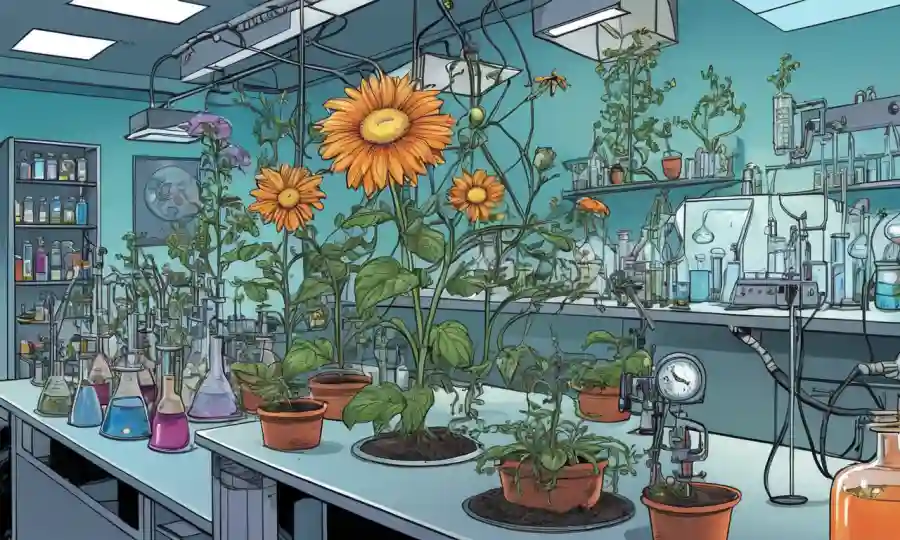 Crecimiento de flores en un entorno de laboratorio rodeado de equipos científicos.