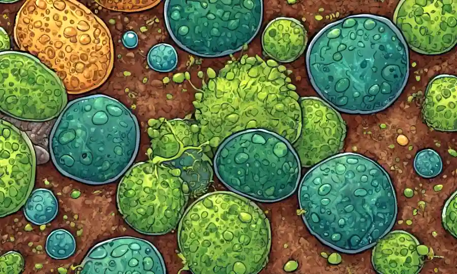 Ilustración de células vegetales interactuando simbióticamente con microbios beneficiosos en el suelo.