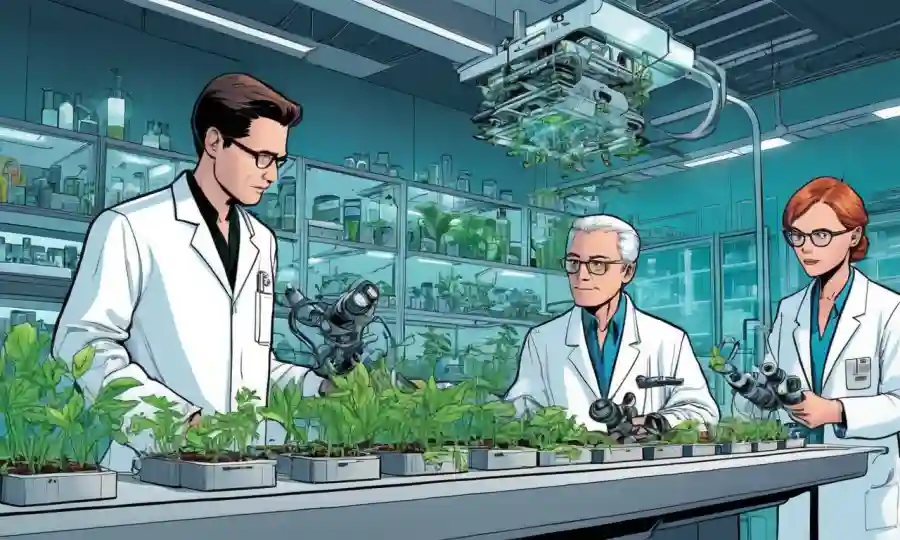 Innovadores científicos en el laboratorio observan híbridos de plantas con equipos futuristas en el fondo.