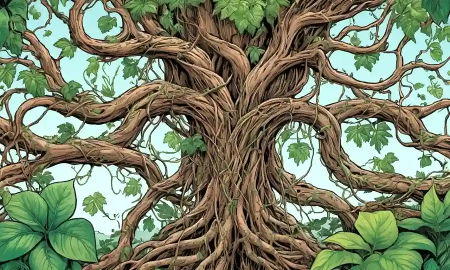 Viñas y plantas entrelazadas con raíces y tallos en una ilustración que muestra diferentes tipos de simbiosis.