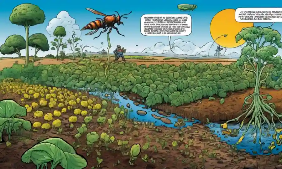 Ilustraciones de relaciones simbióticas entre microorganismos y plantas en un contexto agrícola sostenible, con ciclos de reciclaje de nutrientes.
