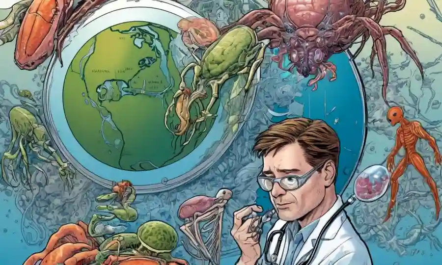 Ilustración gráfica de relaciones simbióticas que involucran conceptos médicos y sistemas globales de salud.