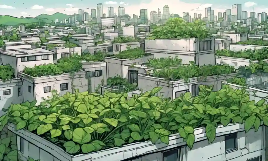 Un paisaje urbano borroso con vegetación que brota de techos y paredes del edificio, simbolizando el crecimiento de la simbiosis urbana.