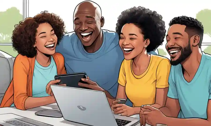 Familia multicultural riéndose rodeada de tecnología moderna y espacio compartido.