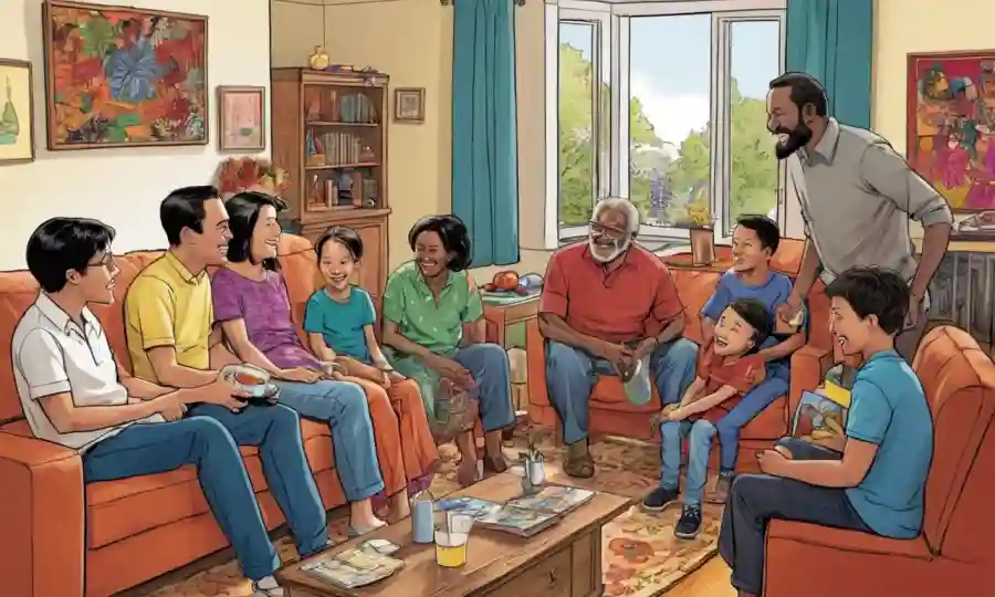 Familias de diferentes edades y culturas se reunieron en un salón, interactuando entre sí a través de sonrisas y conversaciones.